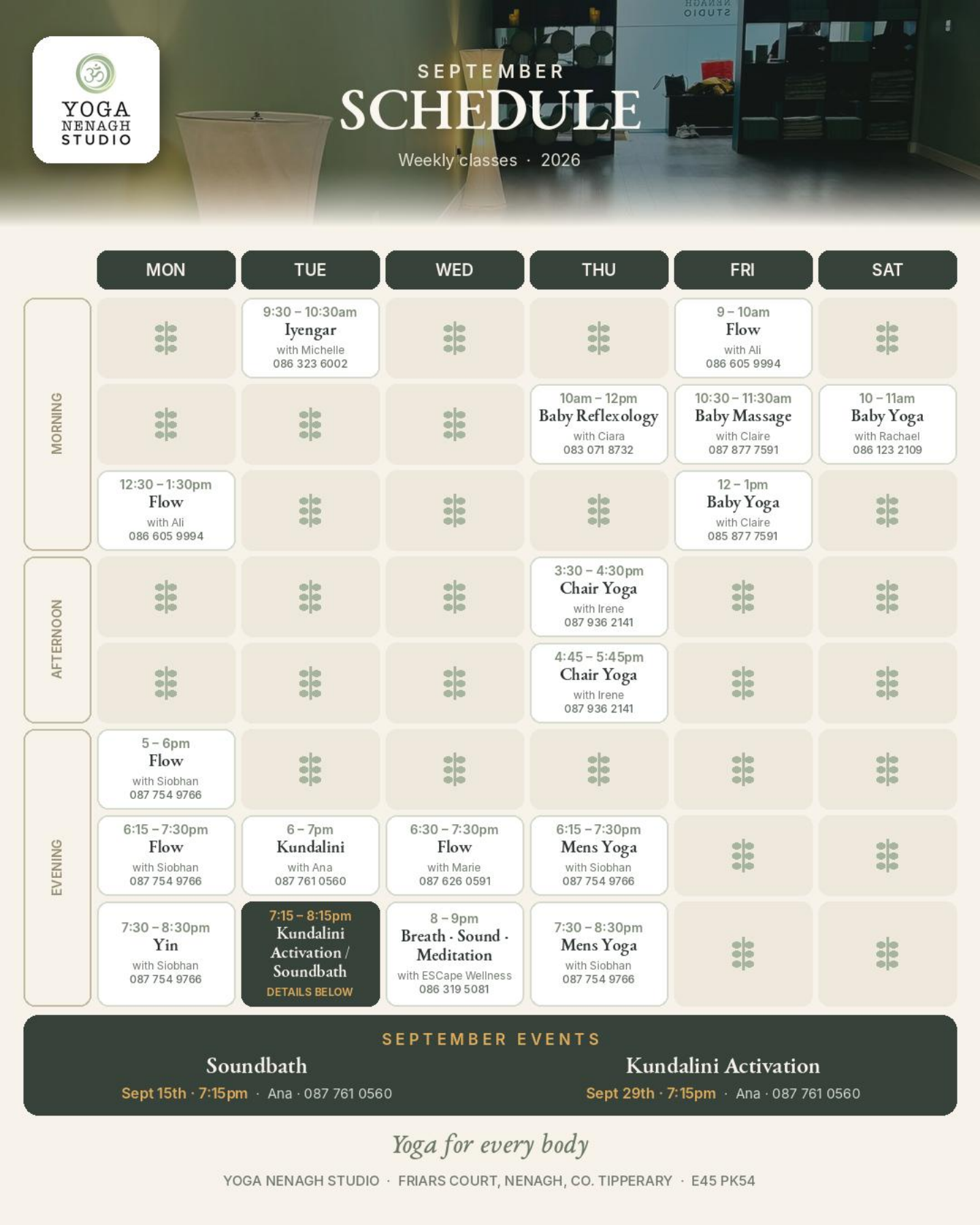 Yoga Nenagh September schedule